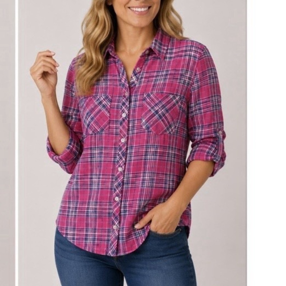 LL Bean Pink Plaid Freeport Flannel Lightweight‎ Casual Button Up Shirt SMALL